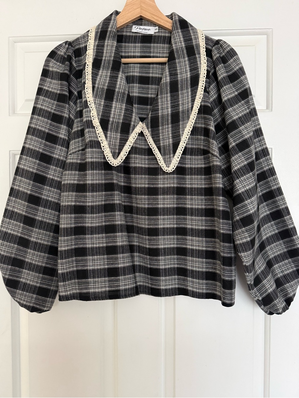 Plaid Lace-Trim Blouse in Black and White